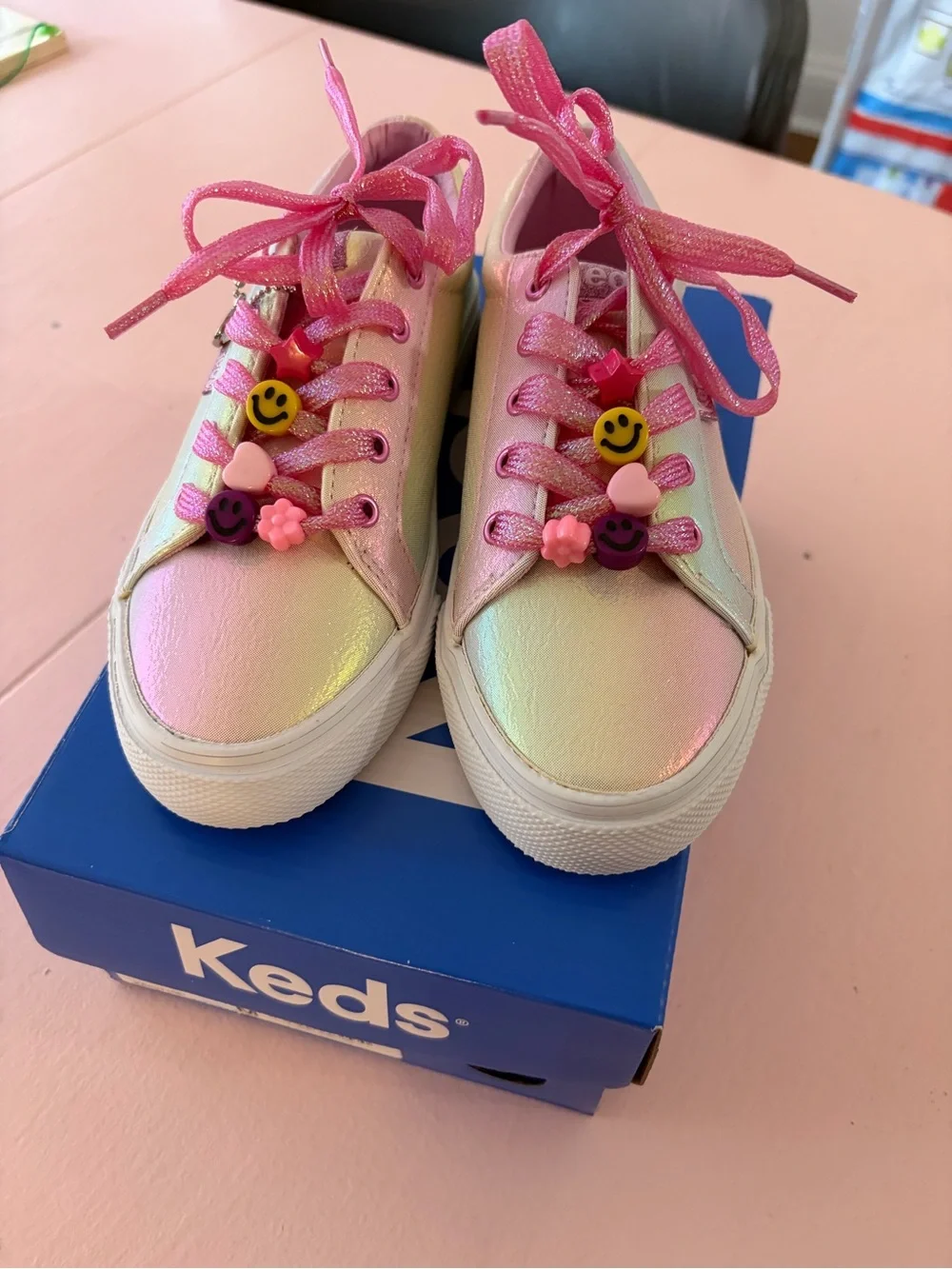 NWOT!! never worn!! Iridescent Pink and White Kids Sneakers with Fun beads